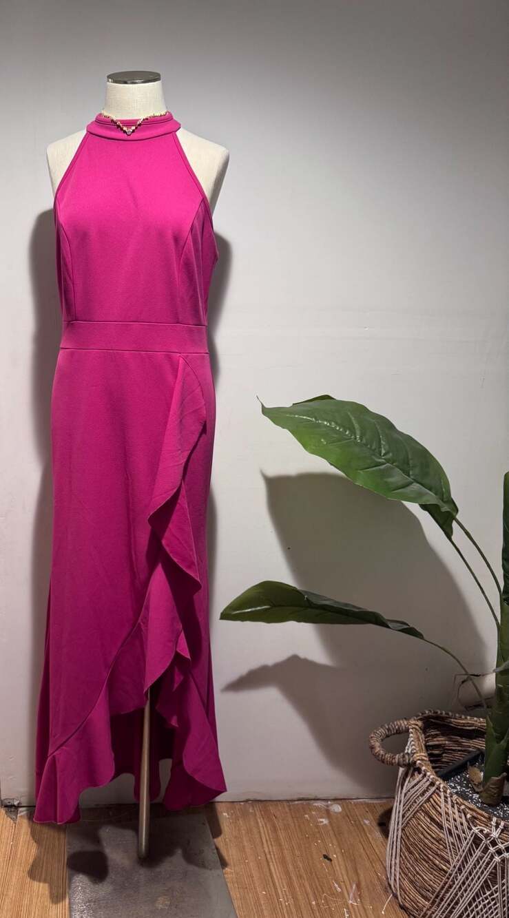 WOOSEA Women's Size L Pink Sleeveless High Neck Ruffle Hem Maxi Dress
